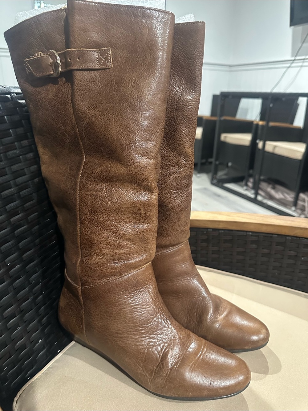 Steven By Steve Madden Brown distressed Leather Mid-Calf wedged Heeled Boot - Picture 3 of 8